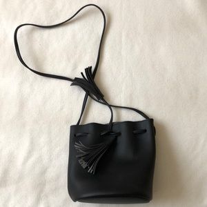 Black Pleather Bucket Purse with Fringe Enclosure